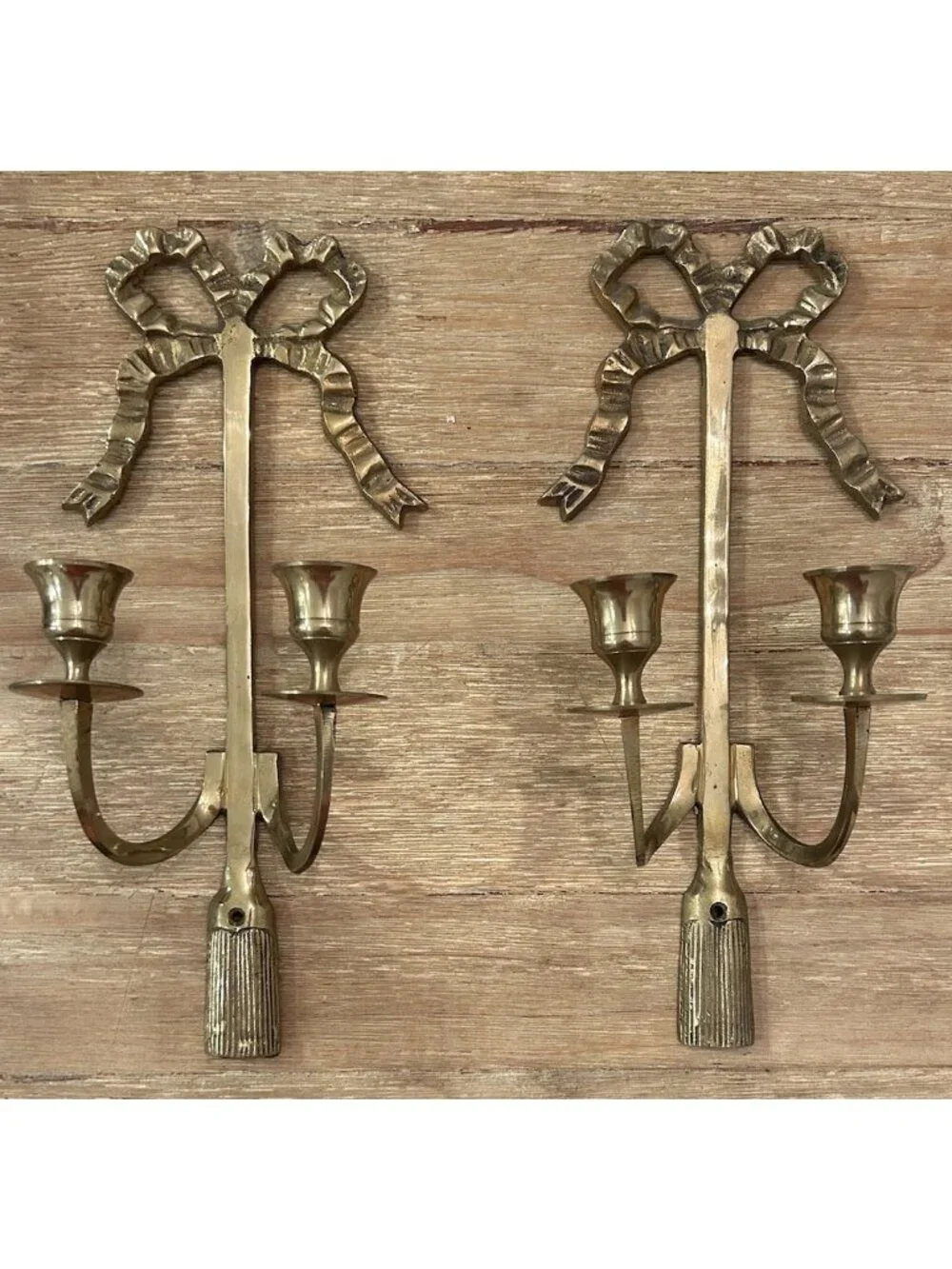 Pair Vintage Brass Bow and Tassel Double Taper Candles Holder Wall Sconces 12” H